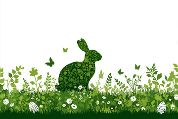 A green silhouette rabbit made of leaves and foliage with butterflies and easter eggs in a lush meadow