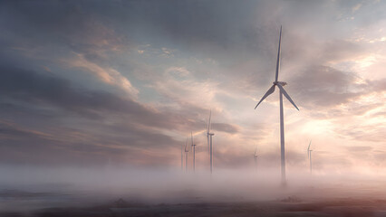 Obraz premium Ultra-realistic wide panoramic view of wind turbines aligned across flat plains under expansive open sky
