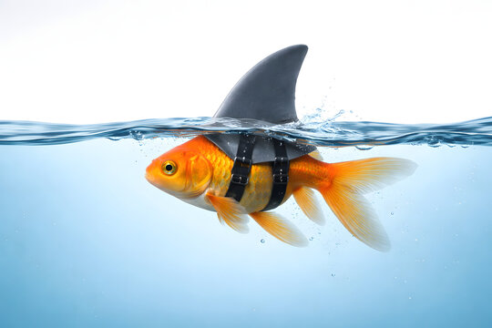 A small golden fish cleverly disguised in a shark costume swimming in clear blue ocean water
