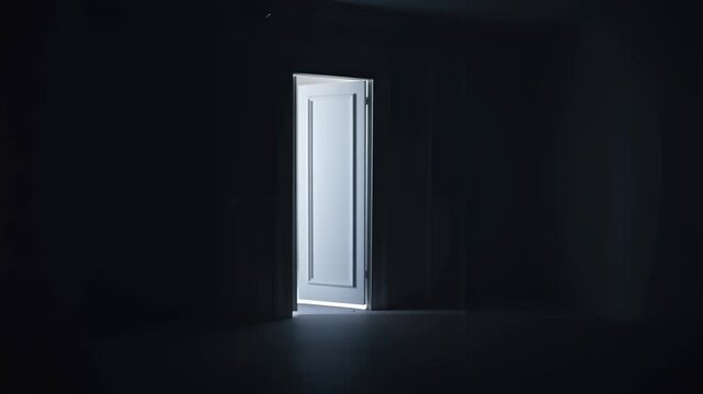 Mysterious door opening in dark room with glowing light revealed