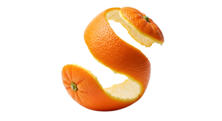 Fresh orange peel shaped like the letter s isolated on transparent background