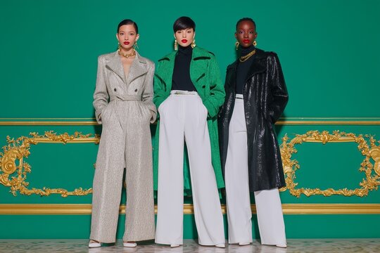Group shot of three fashion-forward models showcasing stylish outfits against a vibrant green backdrop, highlighting modern trends and elegant designs with copy space