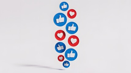 Social media engagement icons floating upwards in blue and red