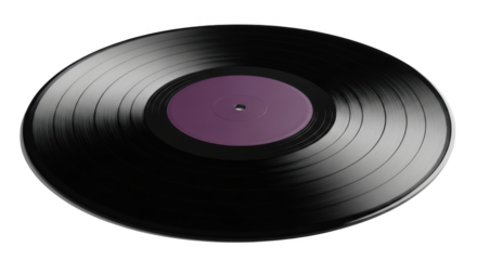 Black vinyl record with purple label, isolated on transparent background