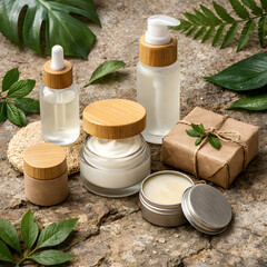 Natural skincare product mockup featuring eco-friendly cosmetic containers made of glass with bamboo lids, arranged on a rustic stone surface and surrounded by fresh green botanical leaves.