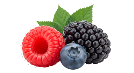 Fresh raspberries blackberries and blueberries cluster with green leaves isolated on transparent background