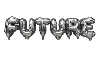 The word FUTURE spelled out in shiny, metallic silver balloon letters with a slightly deflated appearance on a white background.