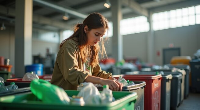Woman in a factory sorting plastic bottles and containers