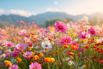 Obraz premium field of vibrant cosmos flowers in bloom with distant mountains bathed in warm sunlight