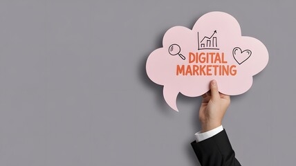 Businessman presenting digital marketing strategy with speech bubble