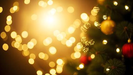 Warm golden bokeh lights illuminate a festive Christmas tree adorned with red and gold ornaments, creating a cozy holiday atmosphere.