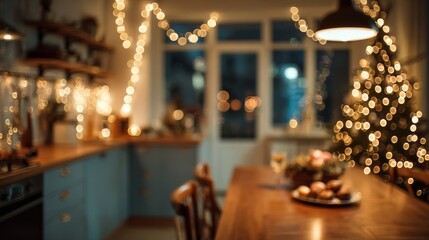 Cozy Christmas Kitchen Twinkling Lights with Festive Tree, and Warm Holiday Glow.