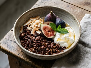 Hyper-realistic photo of a gourmet chocolate granola bowl featuring fresh figs, creamy yogurt, toasted coconut, and honey drizzle, served on a rustic wooden table, highlighting a wholesome and...