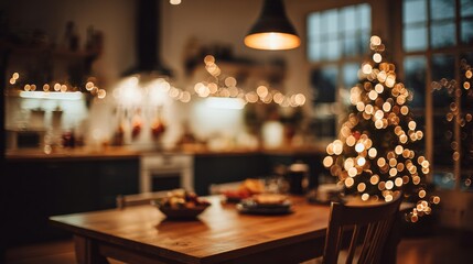 Cozy Christmas Kitchen Table Setting with Twinkling Lights.
