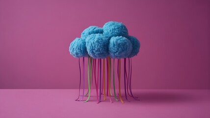 Whimsical blue cloud sculpture with colorful ribbons on purple background