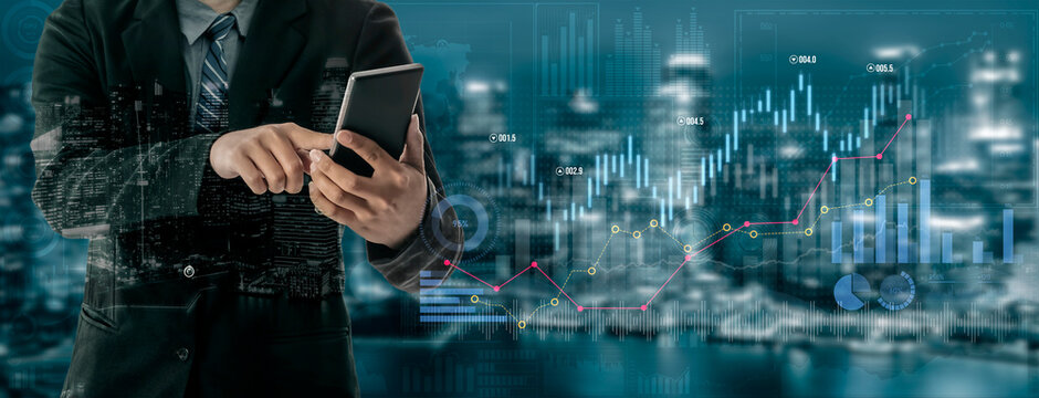 Business professional analyzes financial data using smartphone in urban setting with digital graphs and glowing city skyline background Scalp. - Powered by Adobe