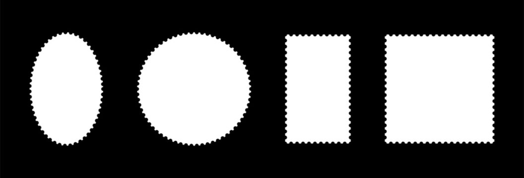 Postage stamp template flat frames. Empty border, backdrop for postcard, letter. Blank circle, rectangular vintage stamps set. Tags, labels, coupons, boxes with curvy, wiggly, wavy perforated edges