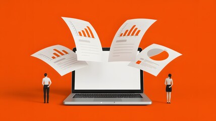 Business professionals analyzing data reports on laptop screen