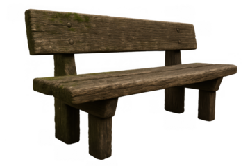 Rustic wooden bench with weathered timber and green moss, a peaceful garden park seating element in 3d rendering