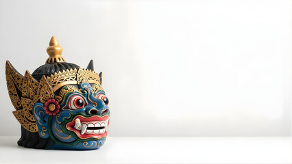 A vibrant, intricately detailed traditional Asian mask with gold accents and a fierce expression, displayed against a clean white background.
