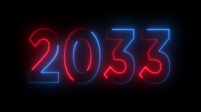 New year 2033 text icon animation glowing neon red color number anniversary template banner sign signboard holiday code digit rectangle box font letter word on black background.