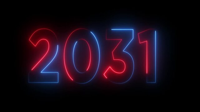 New year 2031 text icon animation glowing neon red color number anniversary template banner sign signboard holiday code digit rectangle box font letter word on black background.