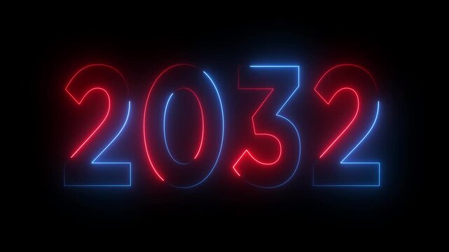New year 2032 text icon animation glowing neon red color number anniversary template banner sign signboard holiday code digit rectangle box font letter word on black background.
