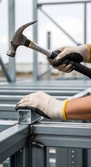Construction Labor in Action Skilled Workers Assembling Steel Framework on a Construction Site