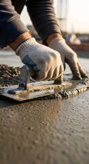 Labor in Construction Skilled Worker Finishing Concrete Slab at Job Site during Sunset