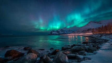 Fototapeta premium Northern Lights dance over icy fjord with Arctic winter wonderland.