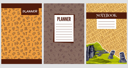 Set covers for planners with symbols Rapa Nui or Rongorongo on Easter island. Vector seamless patterns copybook with old texts. For design of children templates for school diaries, books, notebooks. 
