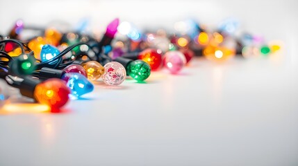 colorful festive string lights on white background