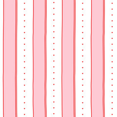 Small hearts and stripes hand drawn pattern. Cute small hearts lines and wavy stripes girly print