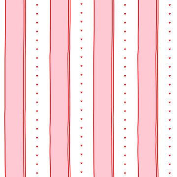 Small hearts and stripes hand drawn pattern. Cute small hearts lines and wavy stripes girly print