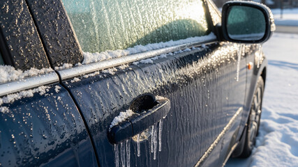 Frozen car covered with ice and snow on a winter morning  