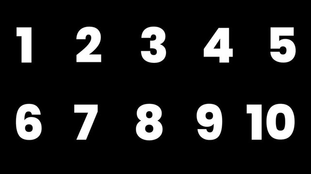 Countdown numbers from 1 to 10 animation isolated on black background