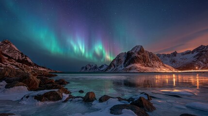 Arctic Magic Aurora Borealis Dances Over Snowy Lofoten Mountains.