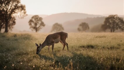 Deer Grazing in a Misty Meadow at Sunrise.