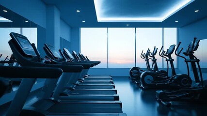 Gym with exercise machines, treadmills and elliptical trainers.