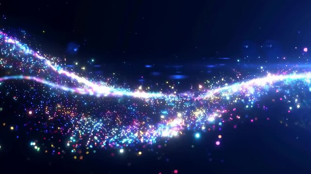 Glittering particle wave flows across a dark background with vibrant motion and colorful sparkles