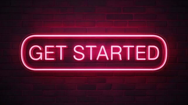 Vibrant neon sign on brick wall with get started message - Powered by Adobe