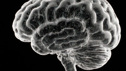 Detailed anatomical rendering of the human brain in grayscale.