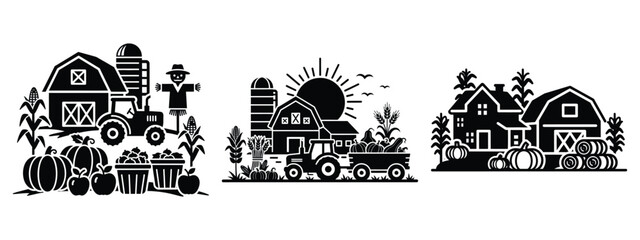 Obraz premium harvest festival farm silhouette icon set. agriculture, plant-based lifestyle symbols