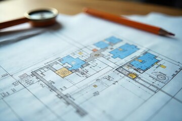 Close-up of architectural blueprints spread on a desk, pencils and a compass nearby, signifying strategic planning and leadership vision , construction plan, ideas