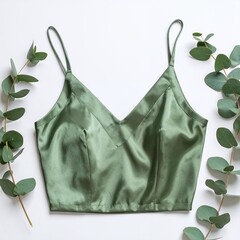 Elegant olive green silk camisole top paired with fresh eucalyptus sprigs on a white surface