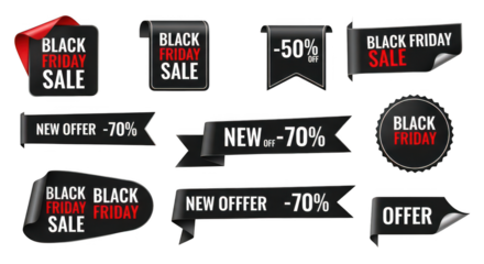 Black friday sale banners and labels with various discounts, isolated on transparent background