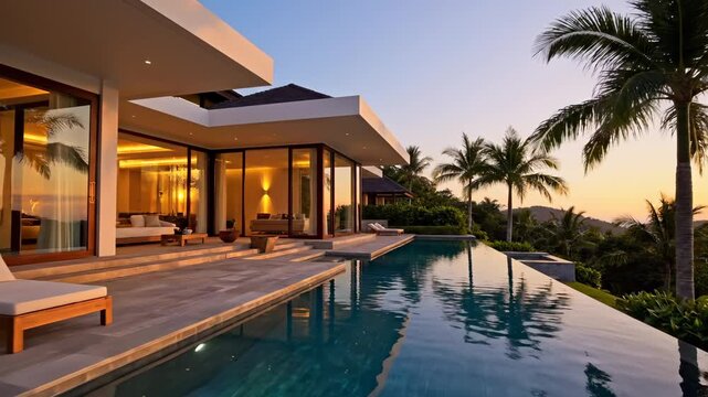 Luxury villa features infinity pool at sunset with palm trees. Modern villa overlooks tropical landscape with pool. Luxury resort shows infinity pool beside villa. Palm trees frame luxury villa.