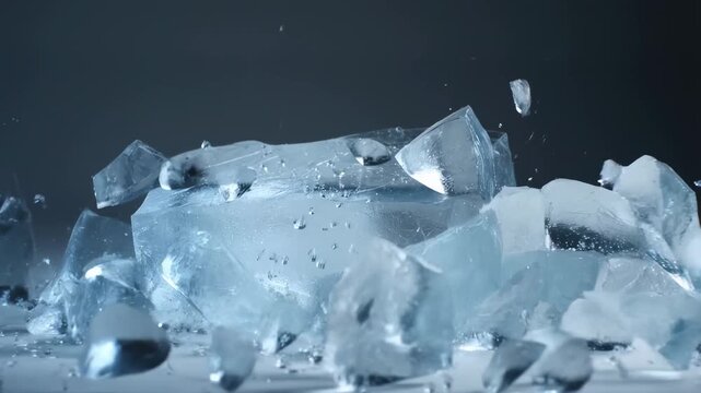 Dynamic ice block shattering into sparkling fragments in slow motion sequence
