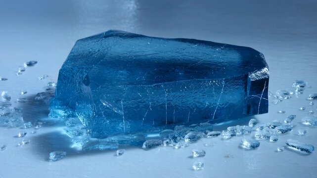 Shimmering blue ice block melting with crystals on smooth surface