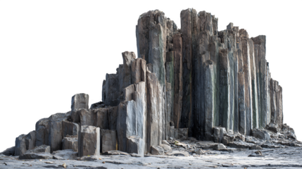 Impressive natural basalt column formation showing ancient volcanic rock structures towering over a desolate foreground environment